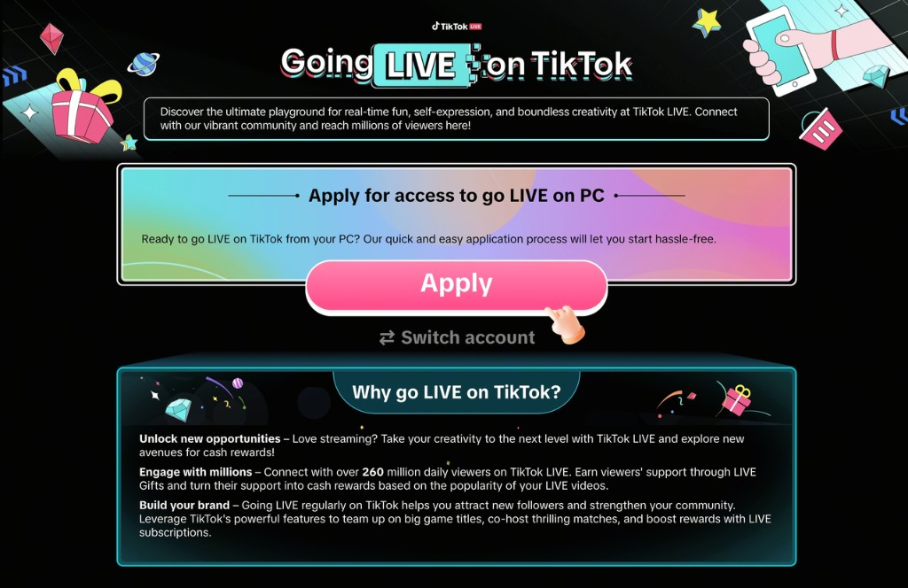 TikTok LIVE access application page for creators coming from other platforms