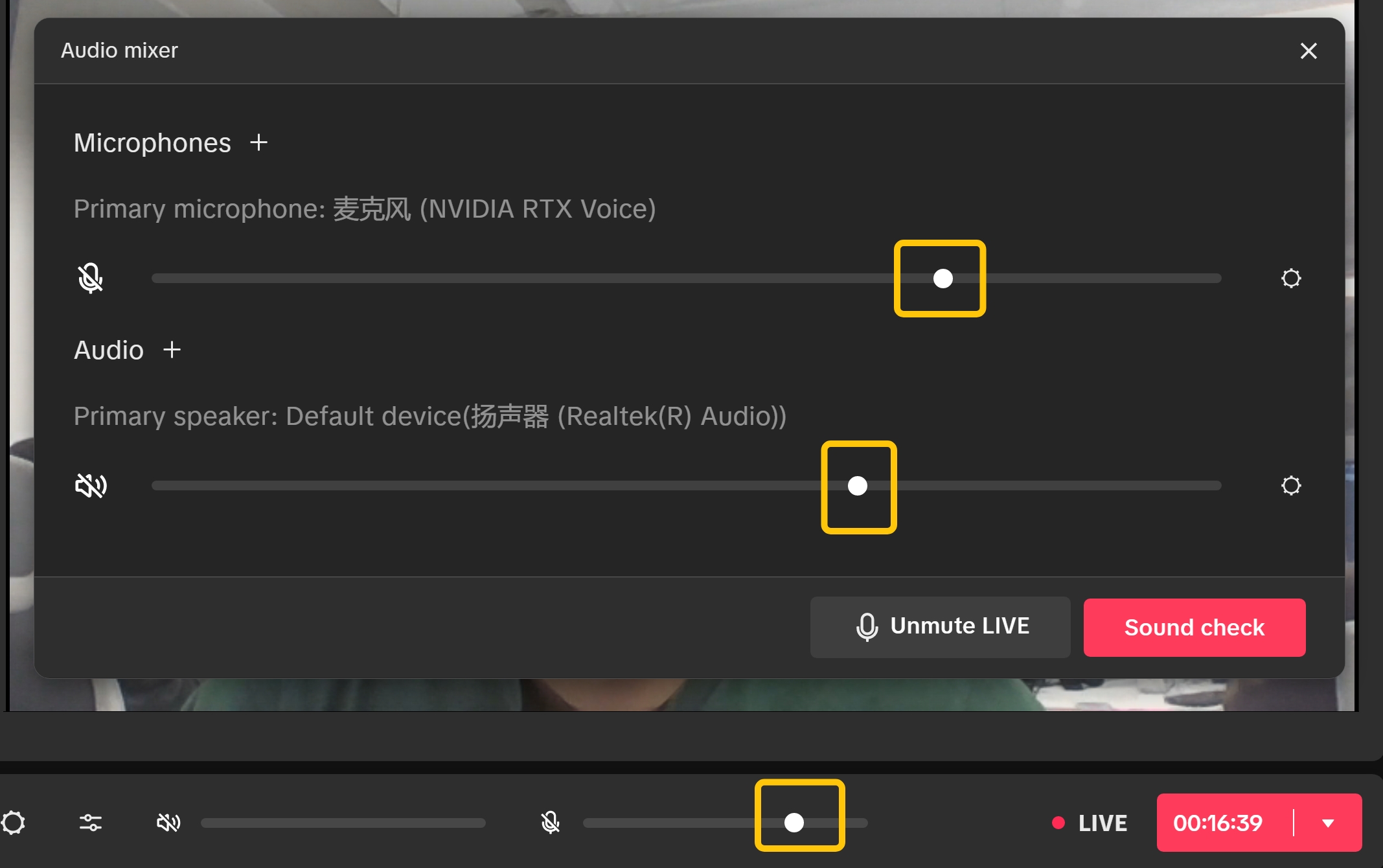 TikTok LIVE Studio audio mixer view showing microphone and speaker levels, mute state, and sound check controls