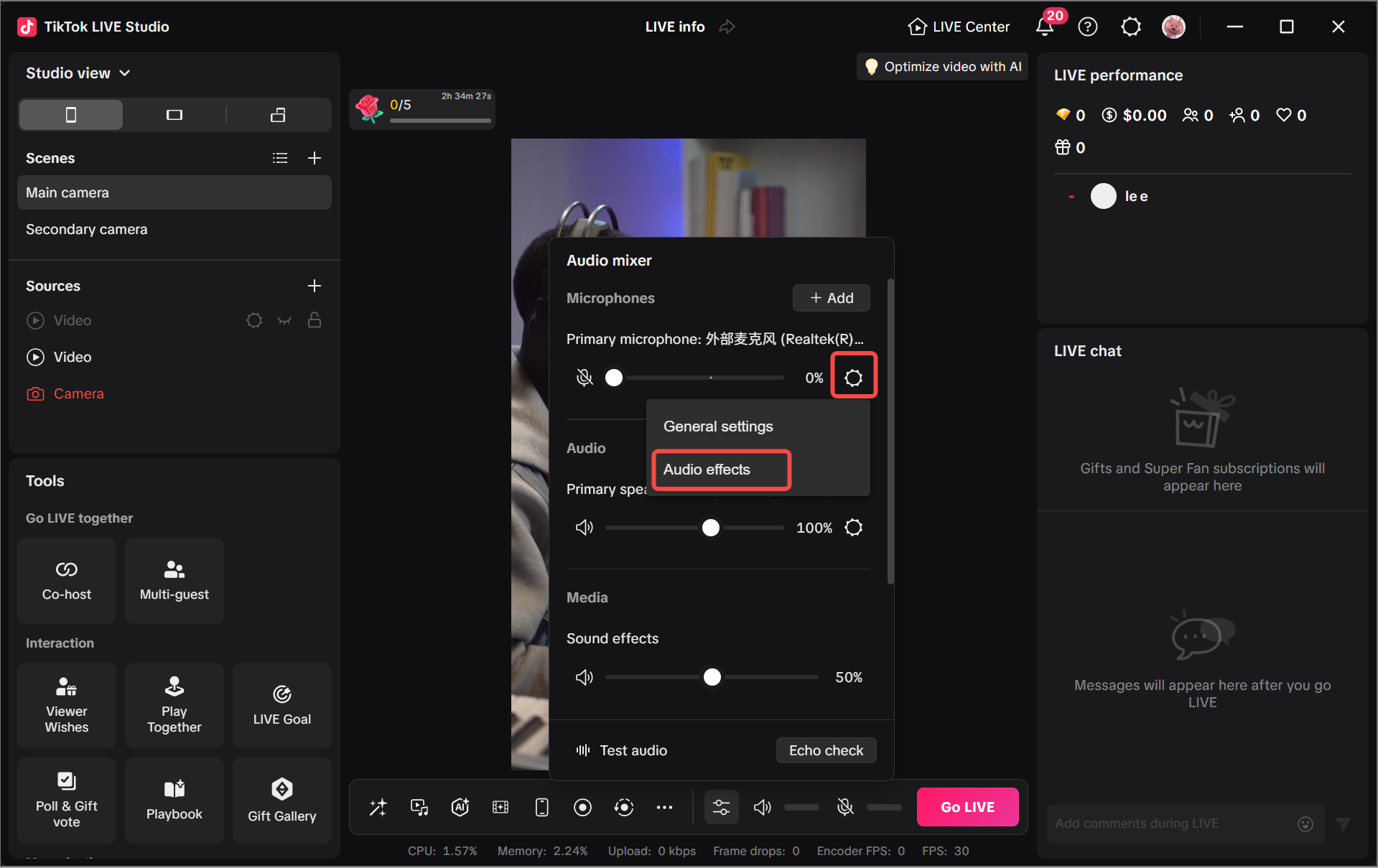 TikTok LIVE Studio audio mixer panel with device settings and audio effects access