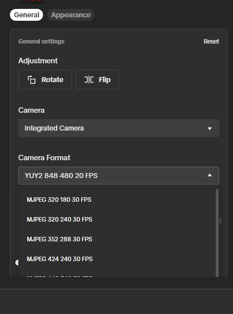 TikTok LIVE Studio camera settings panel showing device and camera format options