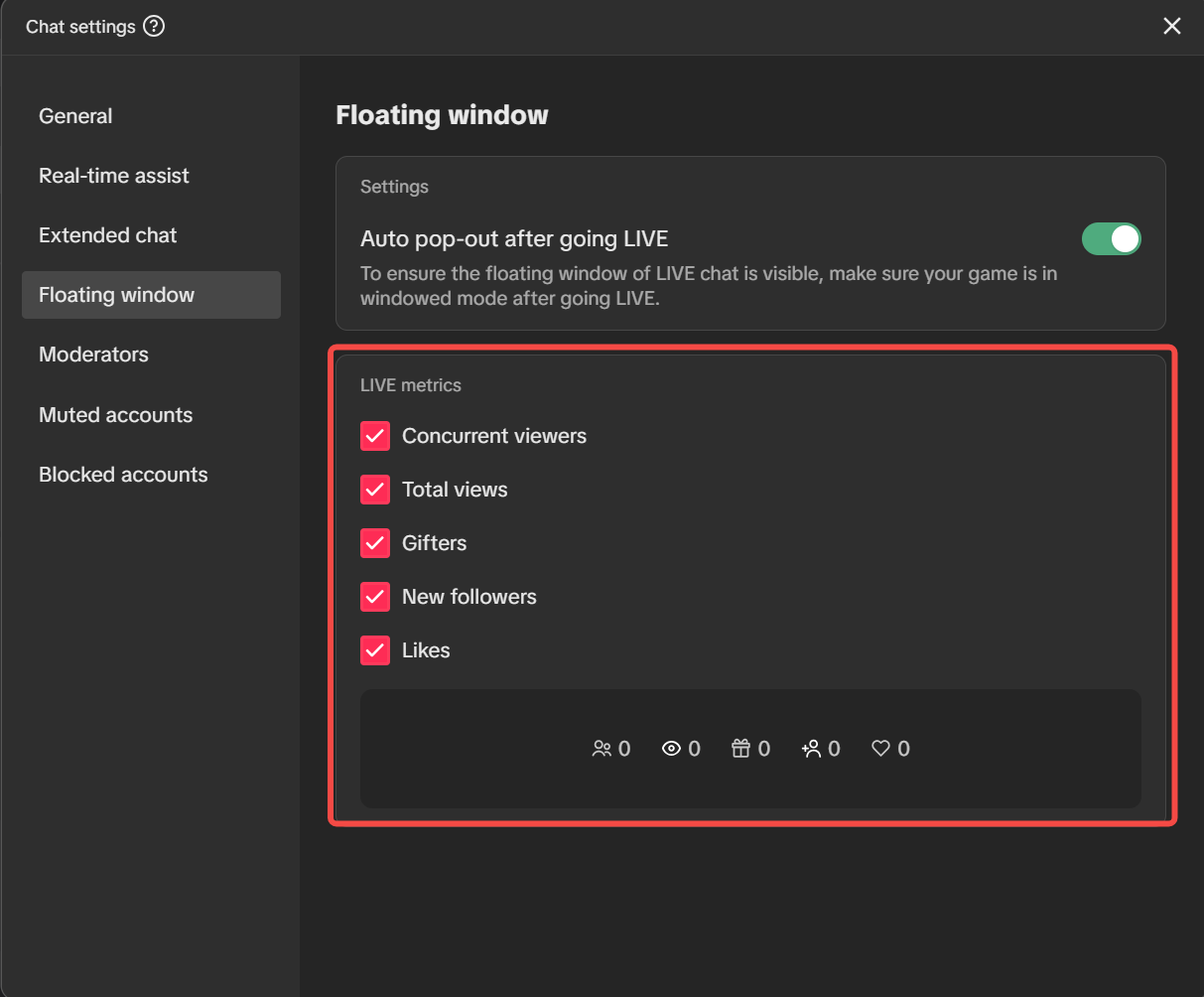 TikTok LIVE Studio floating window settings for chat visibility and quick metrics