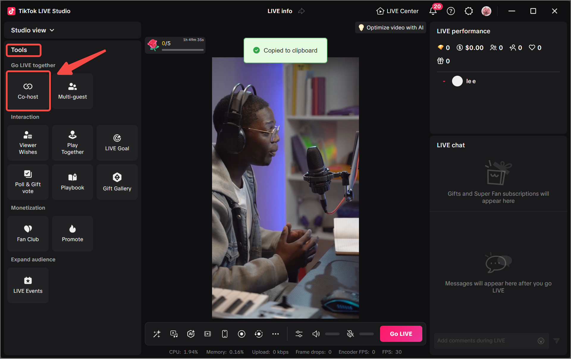 TikTok LIVE Studio tools panel showing the Co-host entry