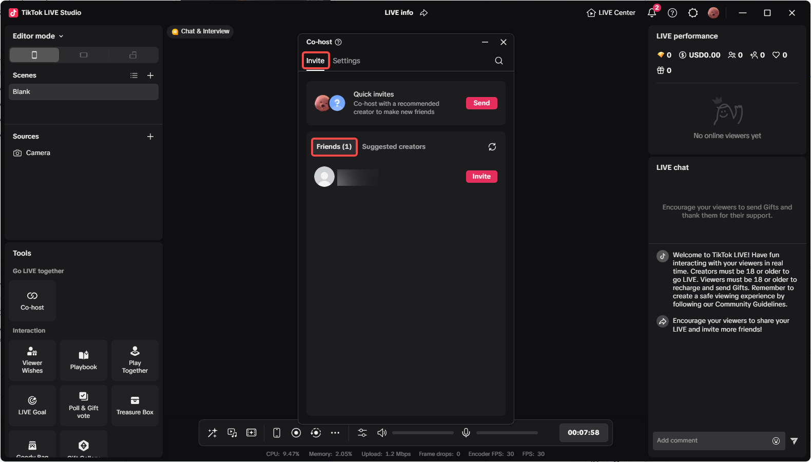 TikTok LIVE Studio Co-host invite window with friends and suggested creators