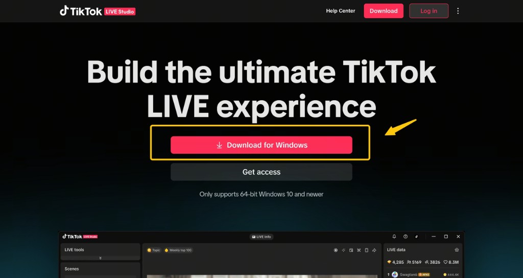 TikTok LIVE Studio download page showing the desktop download button