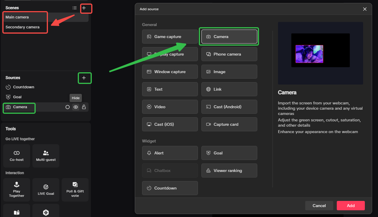 TikTok LIVE Studio dual camera scene setup with main camera and secondary camera scenes