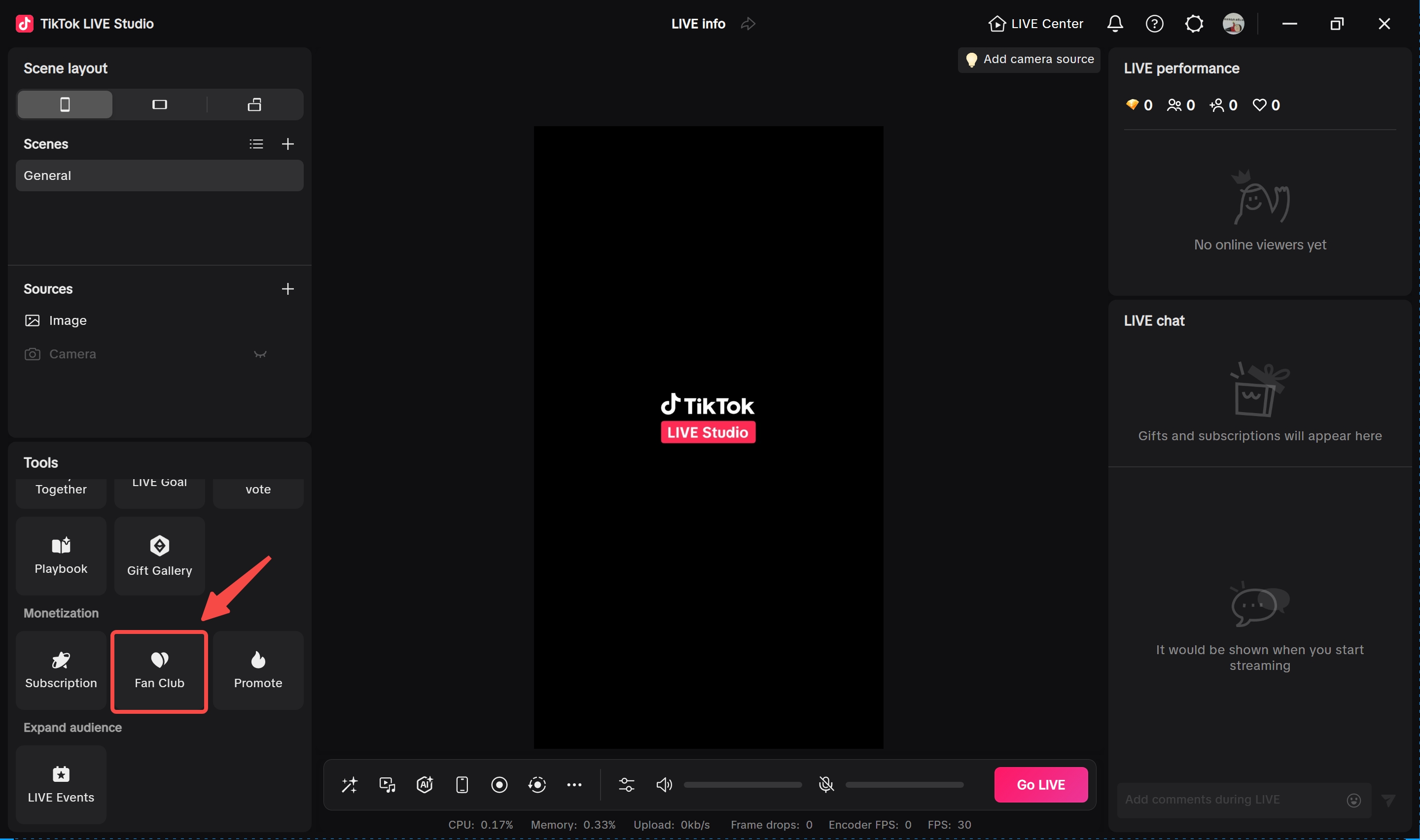 TikTok LIVE Studio tools panel showing the Fan Club entry