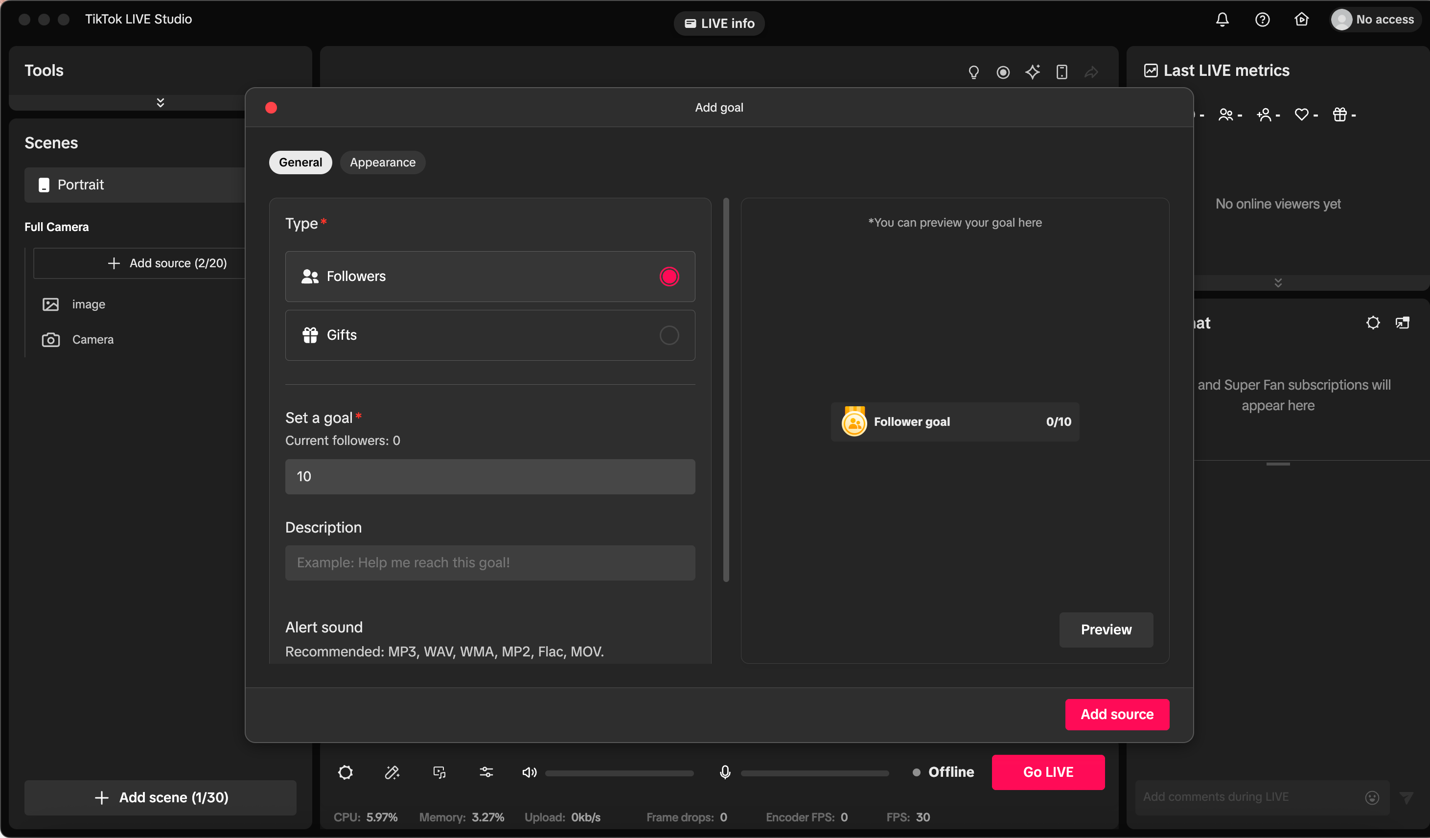 TikTok LIVE Studio LIVE Goal settings panel with follower and gift targets