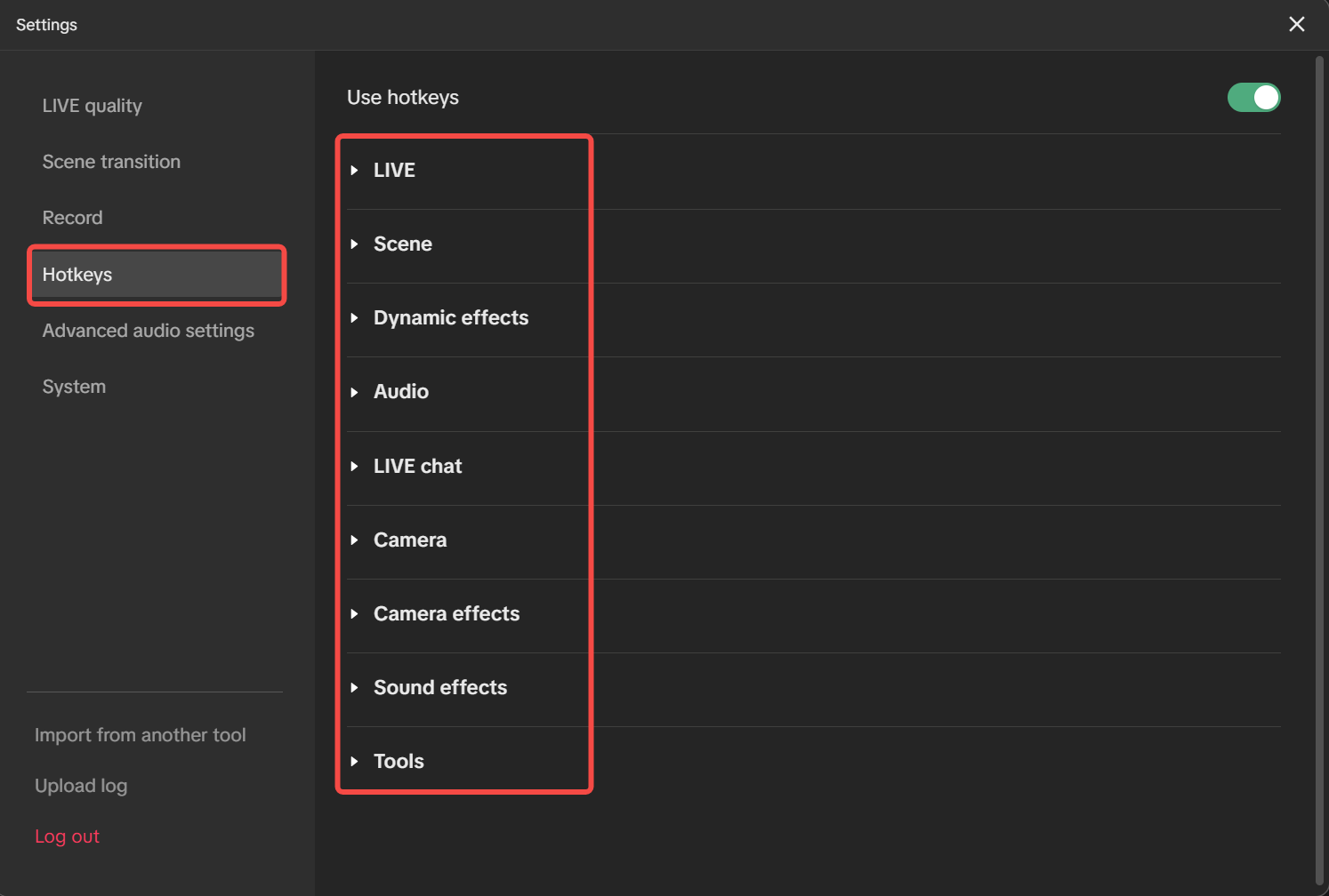 TikTok LIVE Studio hotkeys settings panel with categories for LIVE, scene, audio, and tools