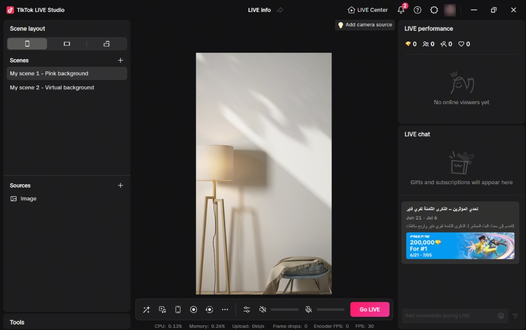 TikTok LIVE Studio desktop interface showing scenes, sources, LIVE performance, and chat