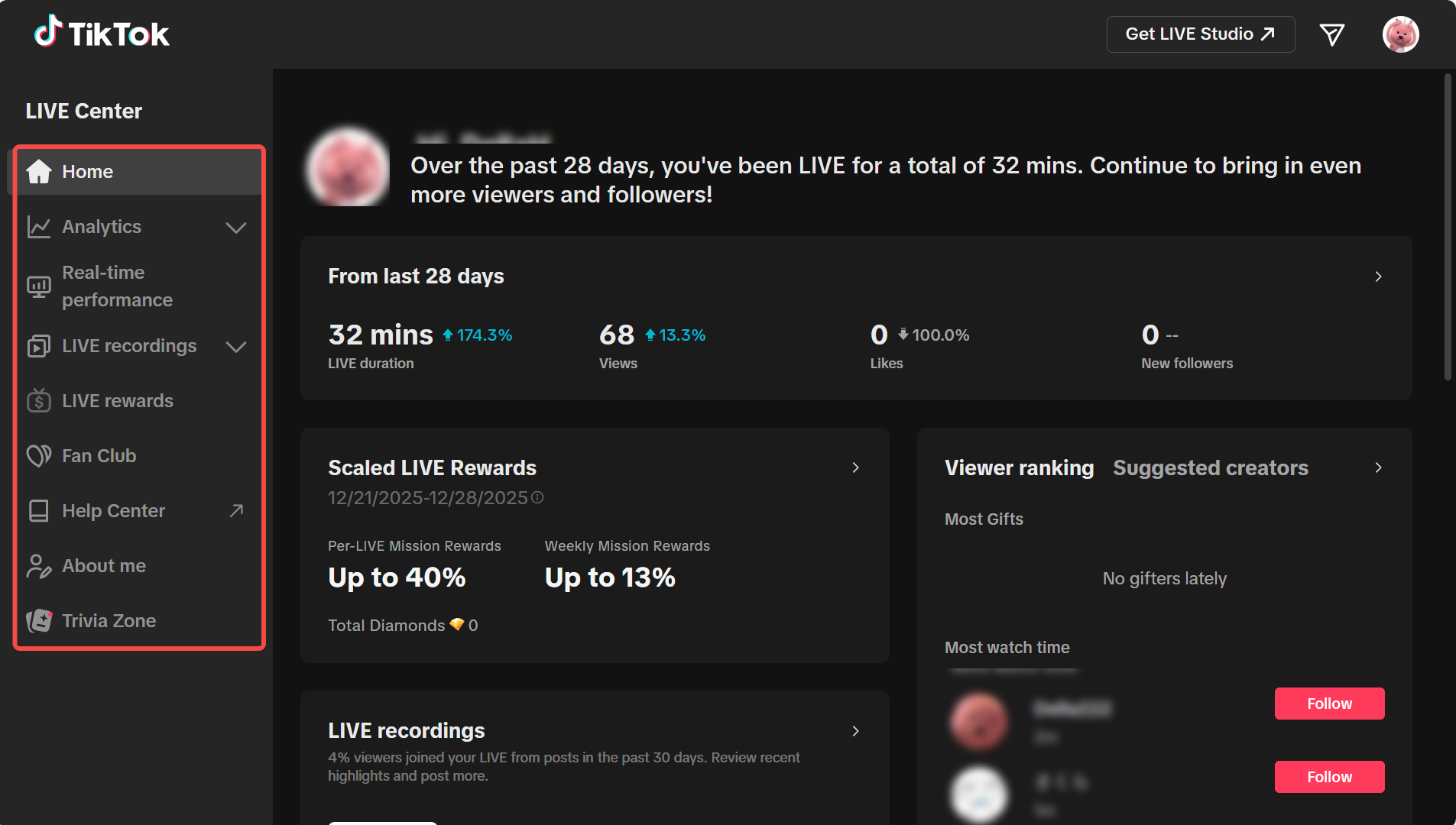 TikTok LIVE Center home page with analytics, real-time performance, and LIVE recordings sections