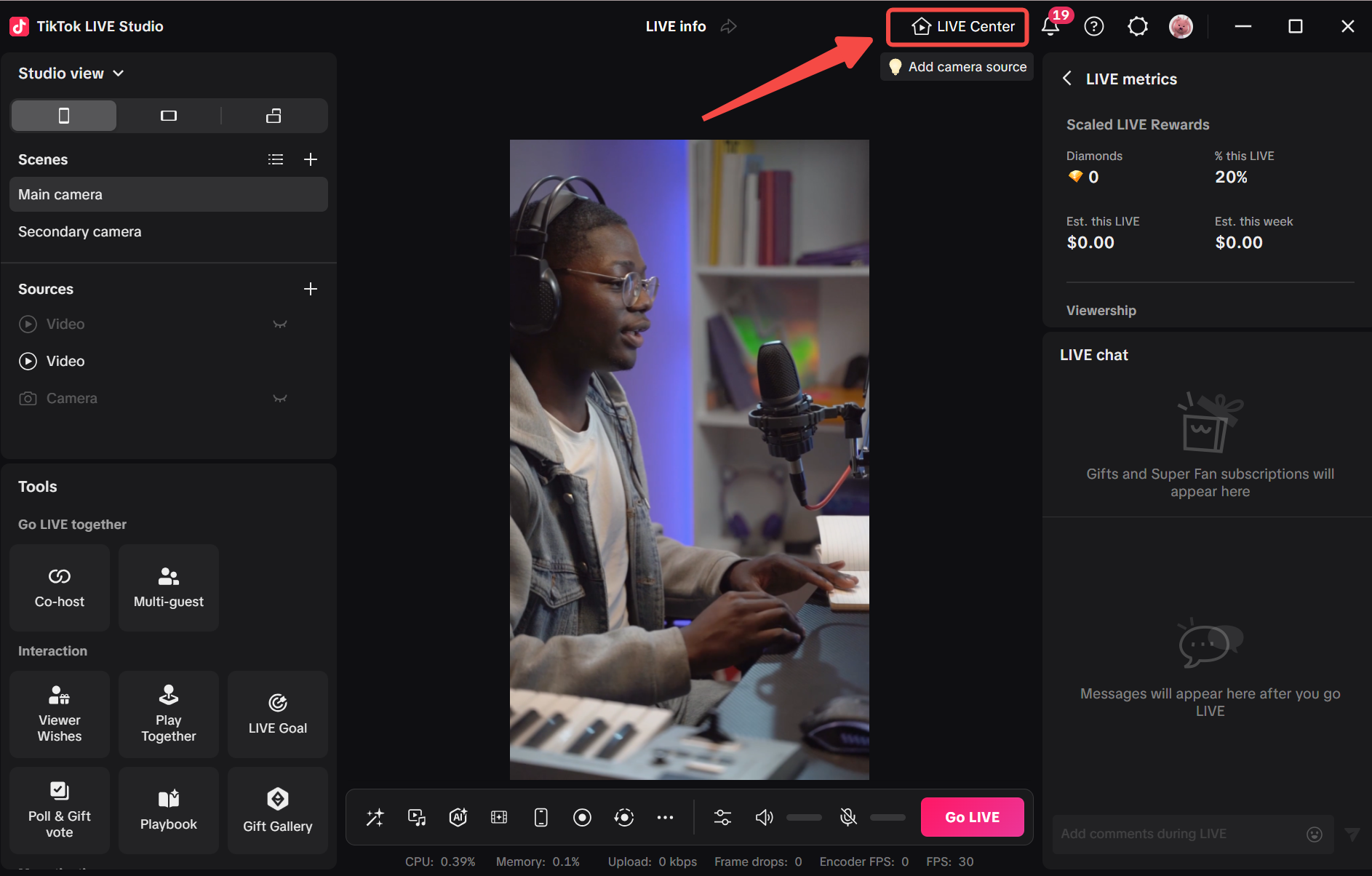 TikTok LIVE Studio interface showing the LIVE Center entry