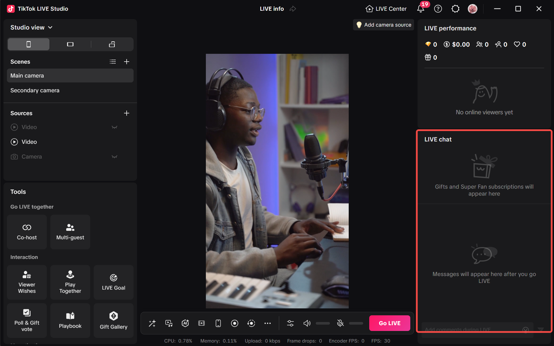 TikTok LIVE Studio interface highlighting the LIVE chat panel