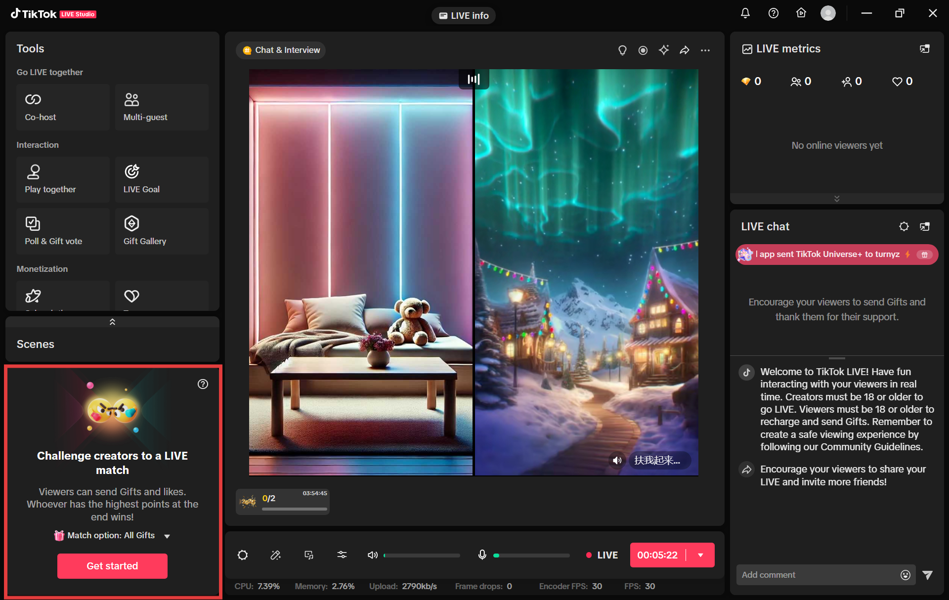 TikTok LIVE Studio LIVE Match panel showing a head-to-head engagement format