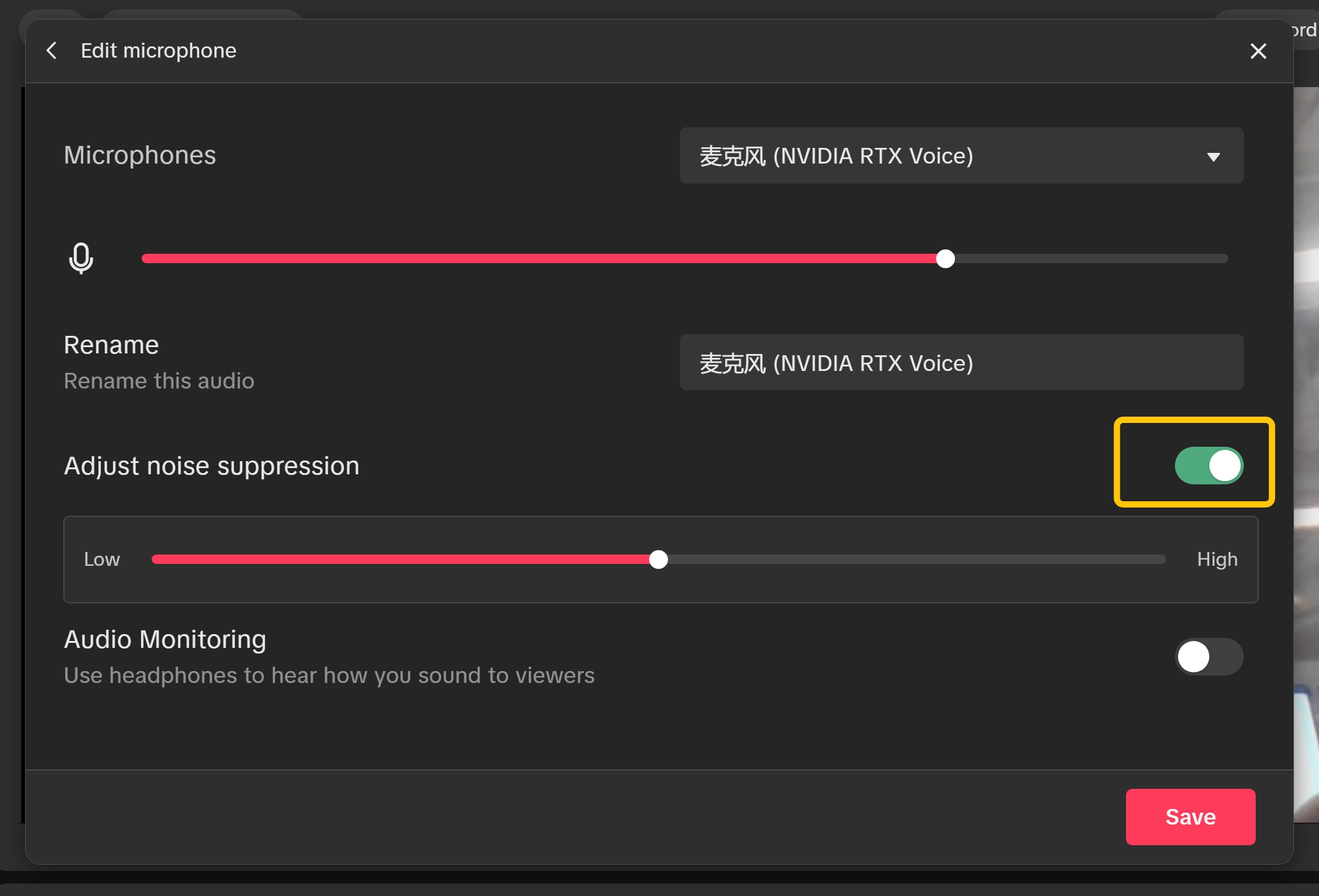 TikTok LIVE Studio microphone settings with noise suppression and audio monitoring controls