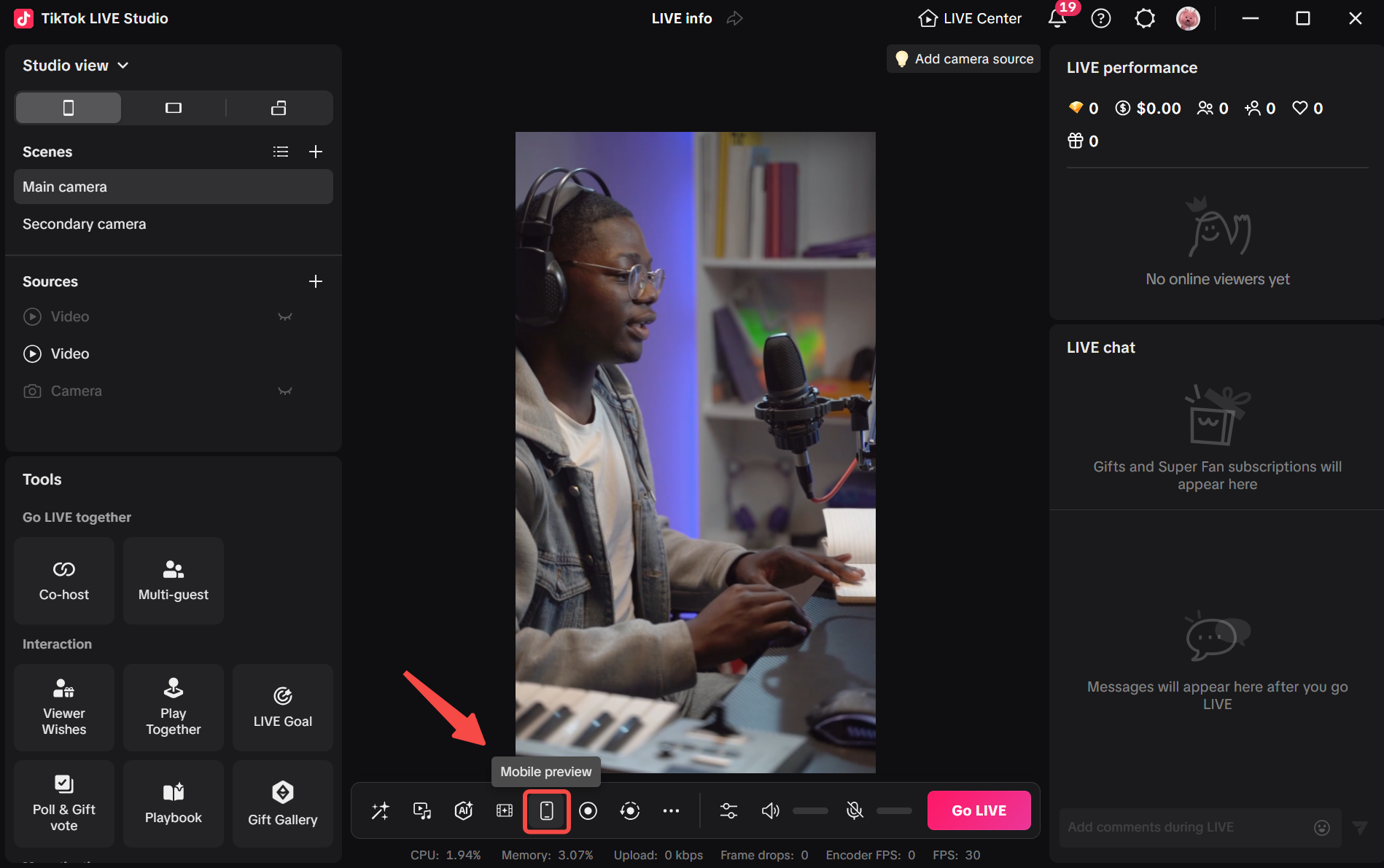 TikTok LIVE Studio interface highlighting the mobile preview control
