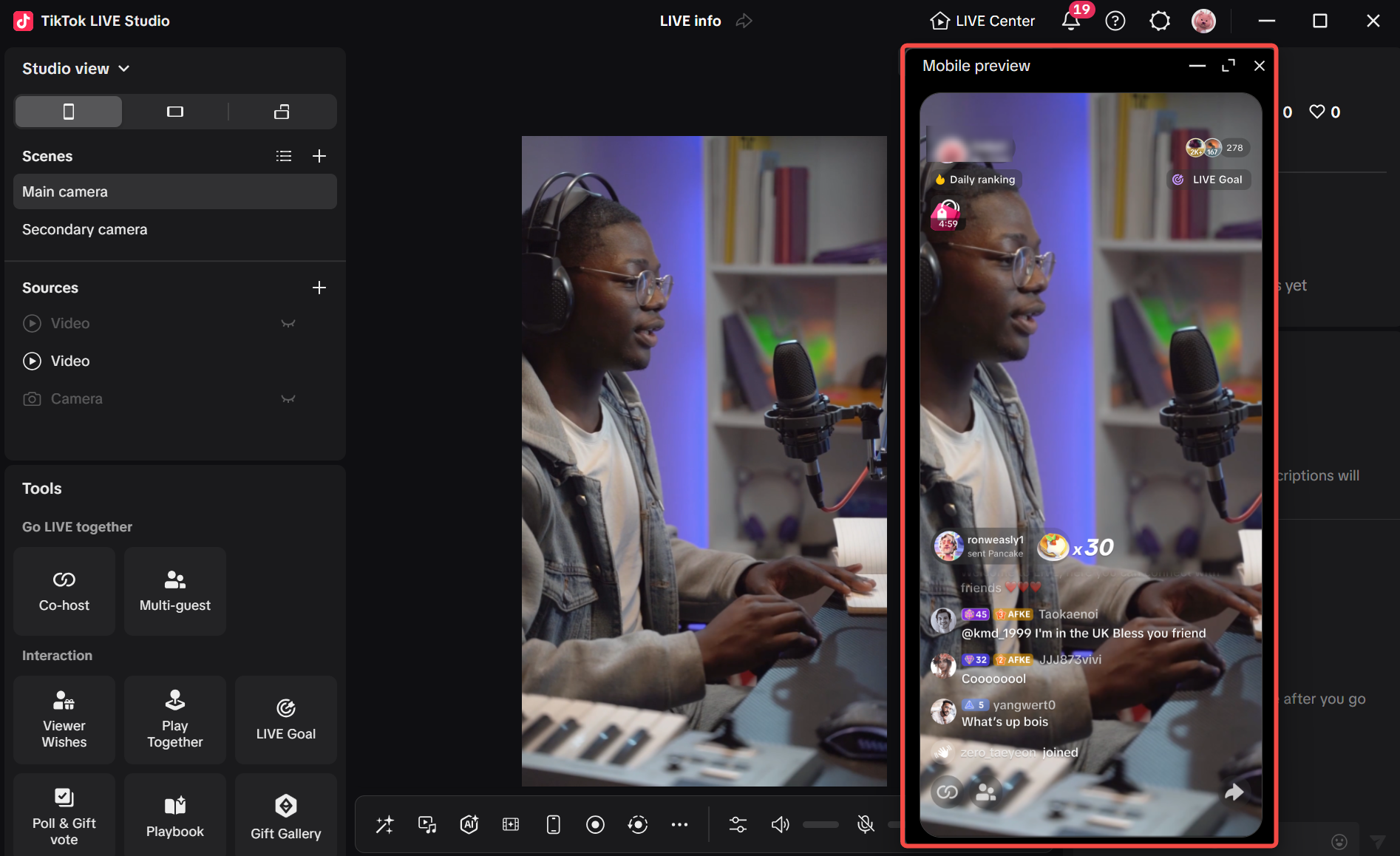 TikTok LIVE Studio mobile preview window showing the viewer-side vertical layout