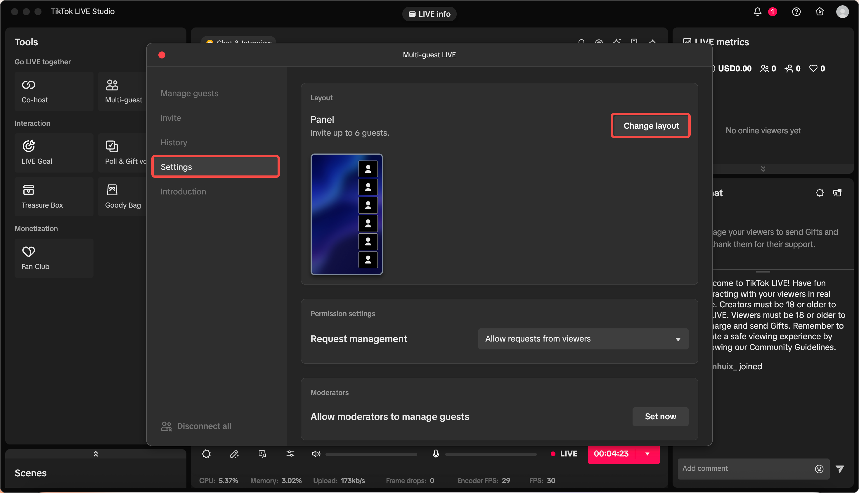TikTok LIVE Studio Multi-guest settings with layout and guest management options
