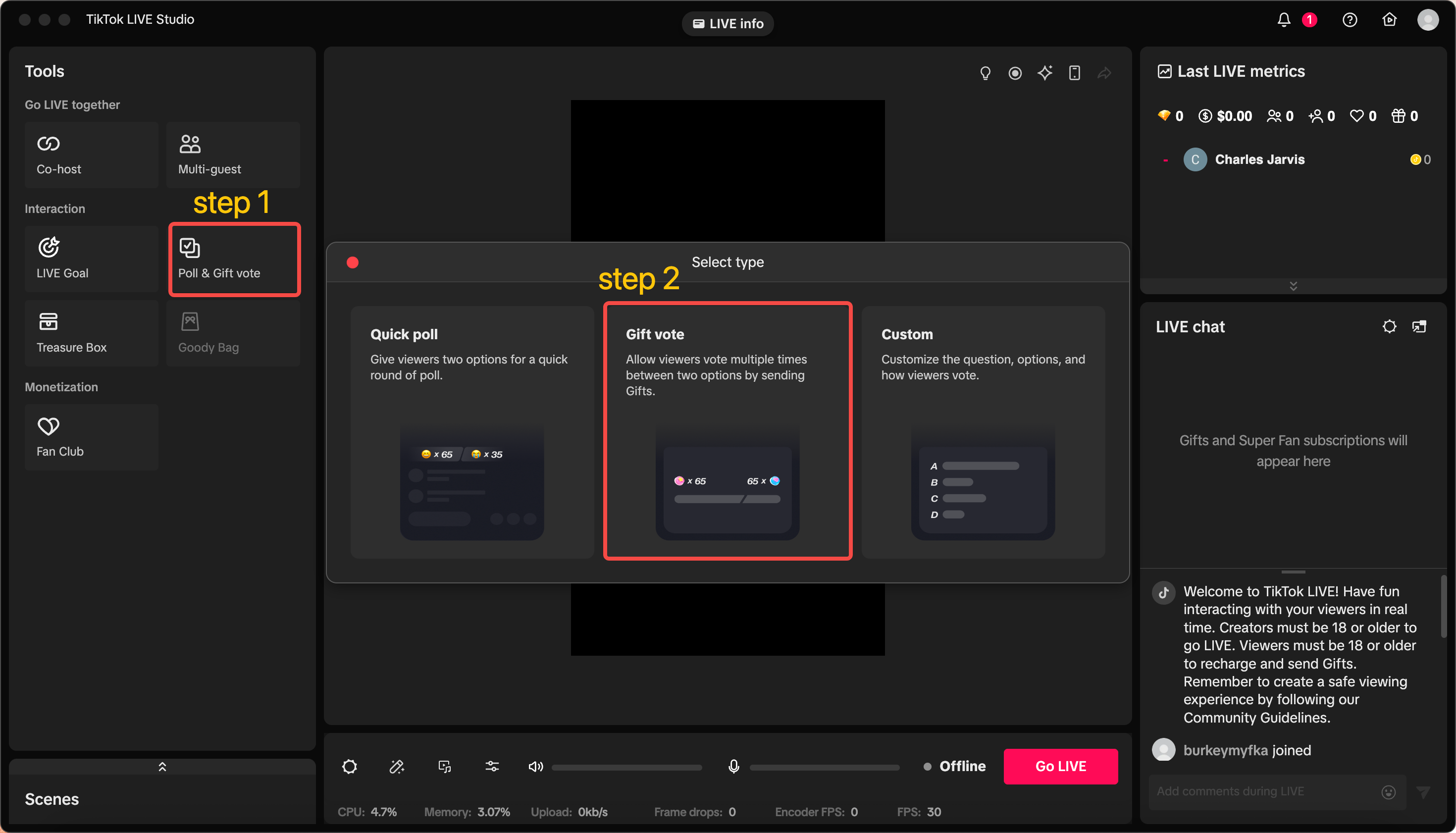 TikTok LIVE Studio poll and gift vote selection panel