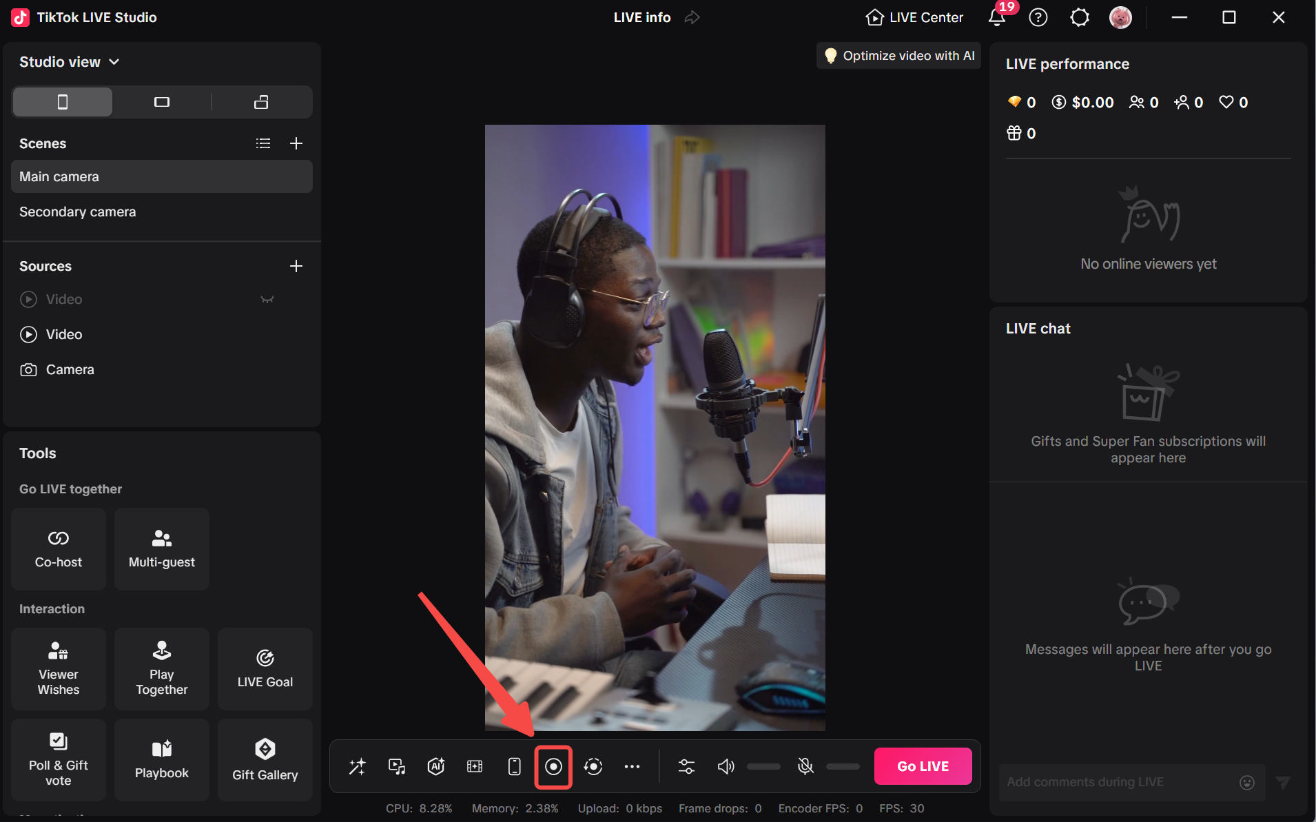 TikTok LIVE Studio interface highlighting the record control in the bottom action bar