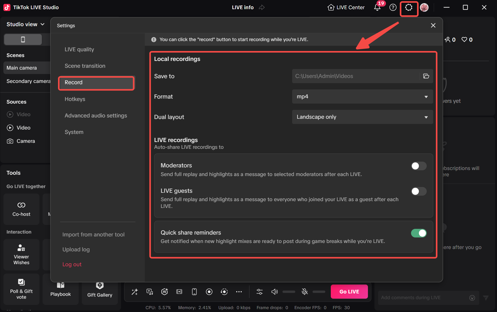 TikTok LIVE Studio record settings with local recording path, format, and layout options