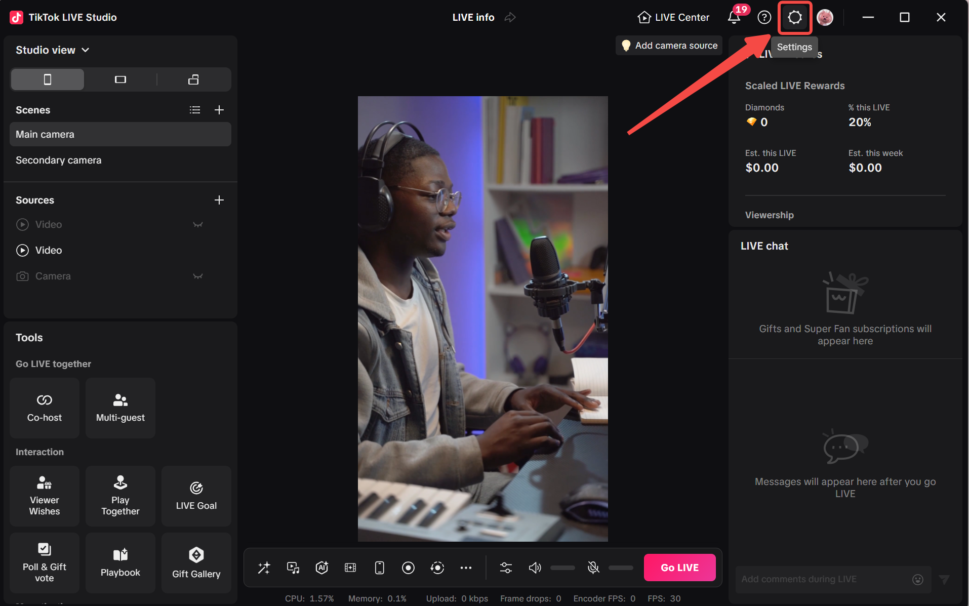 TikTok LIVE Studio interface showing the Settings entry