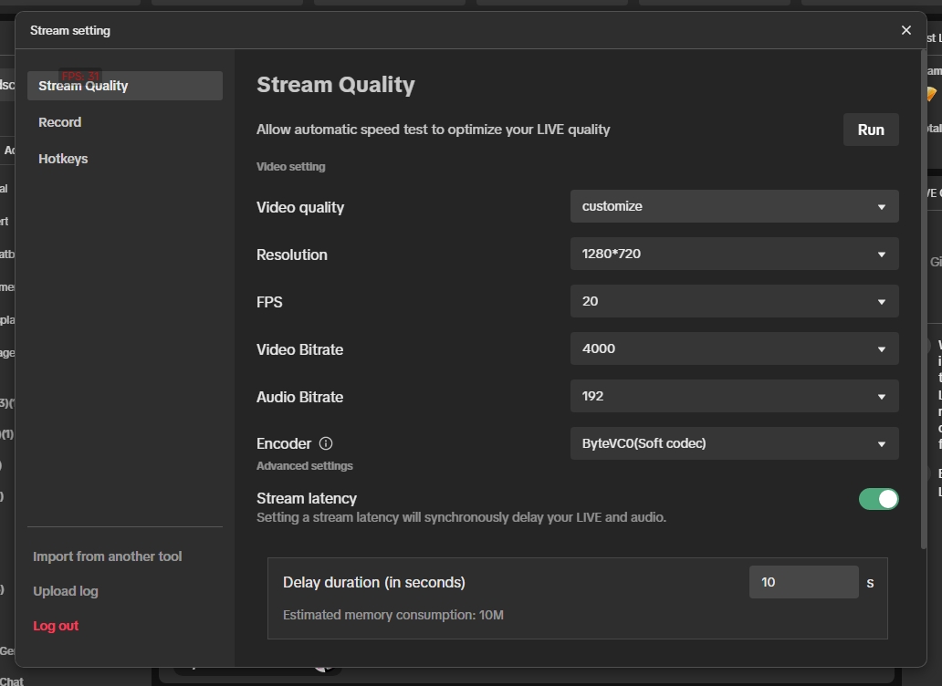 TikTok LIVE Studio stream quality settings with bitrate, resolution, FPS, encoder, and latency options
