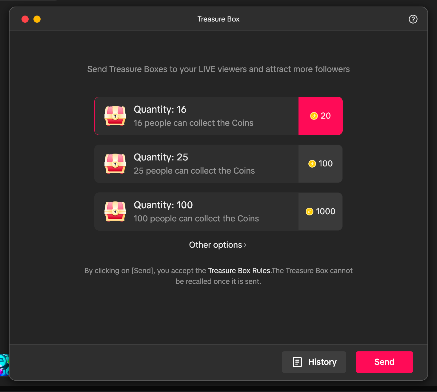 TikTok LIVE Studio Treasure Box options panel